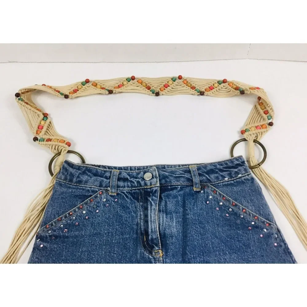 Pocketbook Macrame Handmade‎ Skirt Handbag Boho Denim Tote Rinestones Pockets